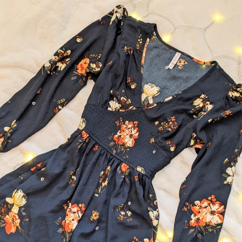 Cute puff sleeve blue floral summer dress
